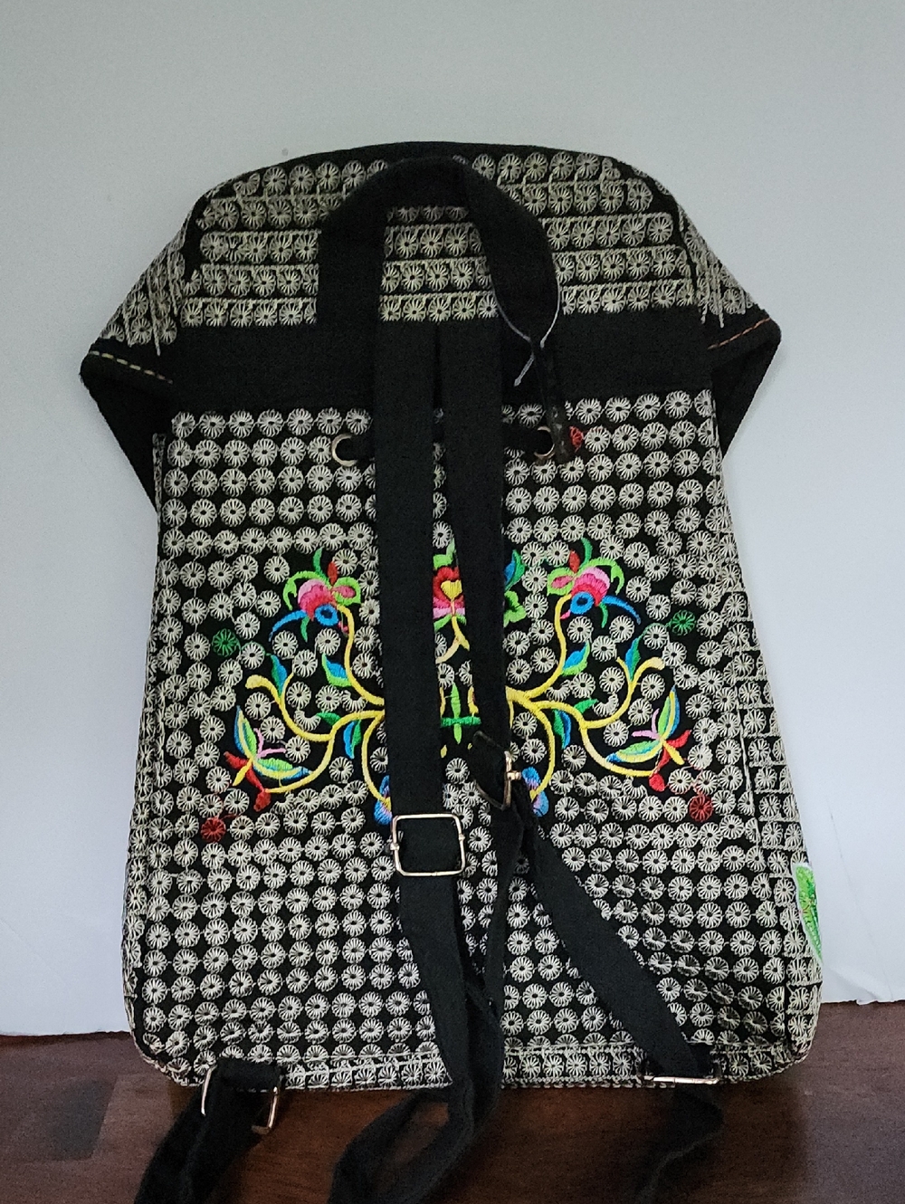 Bohemian Embroidered Rose Backpack Black Trim Multicolored Boho Gold Clasp - Picture 3 of 4
